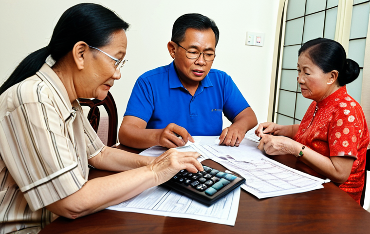 **
A Malaysian family reviewing property tax documents at their dining table, highlighting key sections and using a calculator. Focus on the importance of identifying available tax reliefs like homeowner, senior citizen, and OKU (disabled) relief.
**