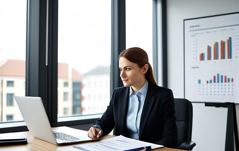 A professional male property tax consultant, mid-30s, dressed in a modest, dark business suit with a tie, is seated at a clean, contemporary office desk. He is calmly discussing property assessment documents and tax planning strategies with a female client, mid-40s, who is attentively listening. She is dressed in a modest and professional long-sleeved blouse and tailored trousers. On the desk are neatly arranged property deeds, a laptop displaying financial charts, and a few pens. The background shows a soft-focus, well-lit modern office interior with a large window. high-resolution, professional photography, studio lighting, perfect anatomy, correct proportions, natural pose, well-formed hands, proper finger count, natural body proportions, safe for work, appropriate content, fully clothed, professional, modest clothing, appropriate attire, professional dress, family-friendly.